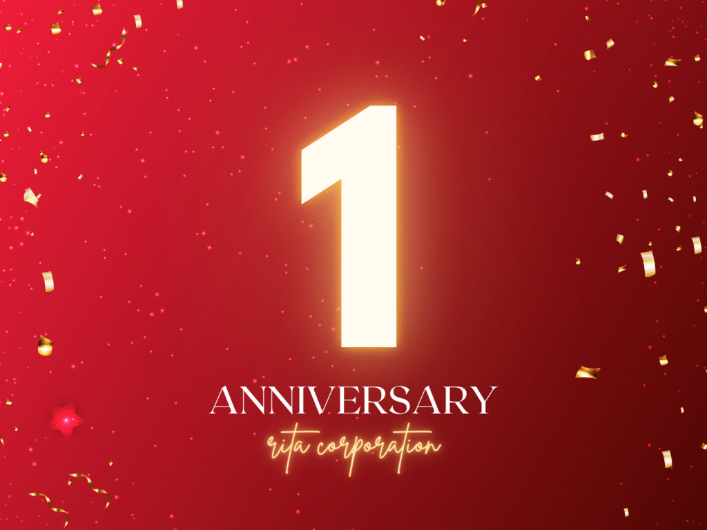 株式会社ritaの設立1周年を記念するため「1」を大きく表示した画像。anniversaryの文字とrita corporationの文字が表示されている。