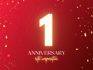 株式会社ritaの設立1周年を記念するため「1」を大きく表示した画像。anniversaryの文字とrita corporationの文字が表示されている。